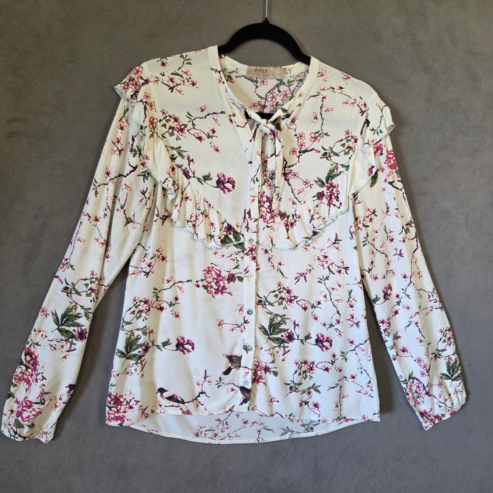 Rifle Floral Bird Ruffle Blouse Women's Large Boho Cottagecore Pastel Romantic